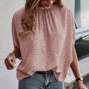 Spotted Print Blush Pink Blouse Top Flowy, High Neck
